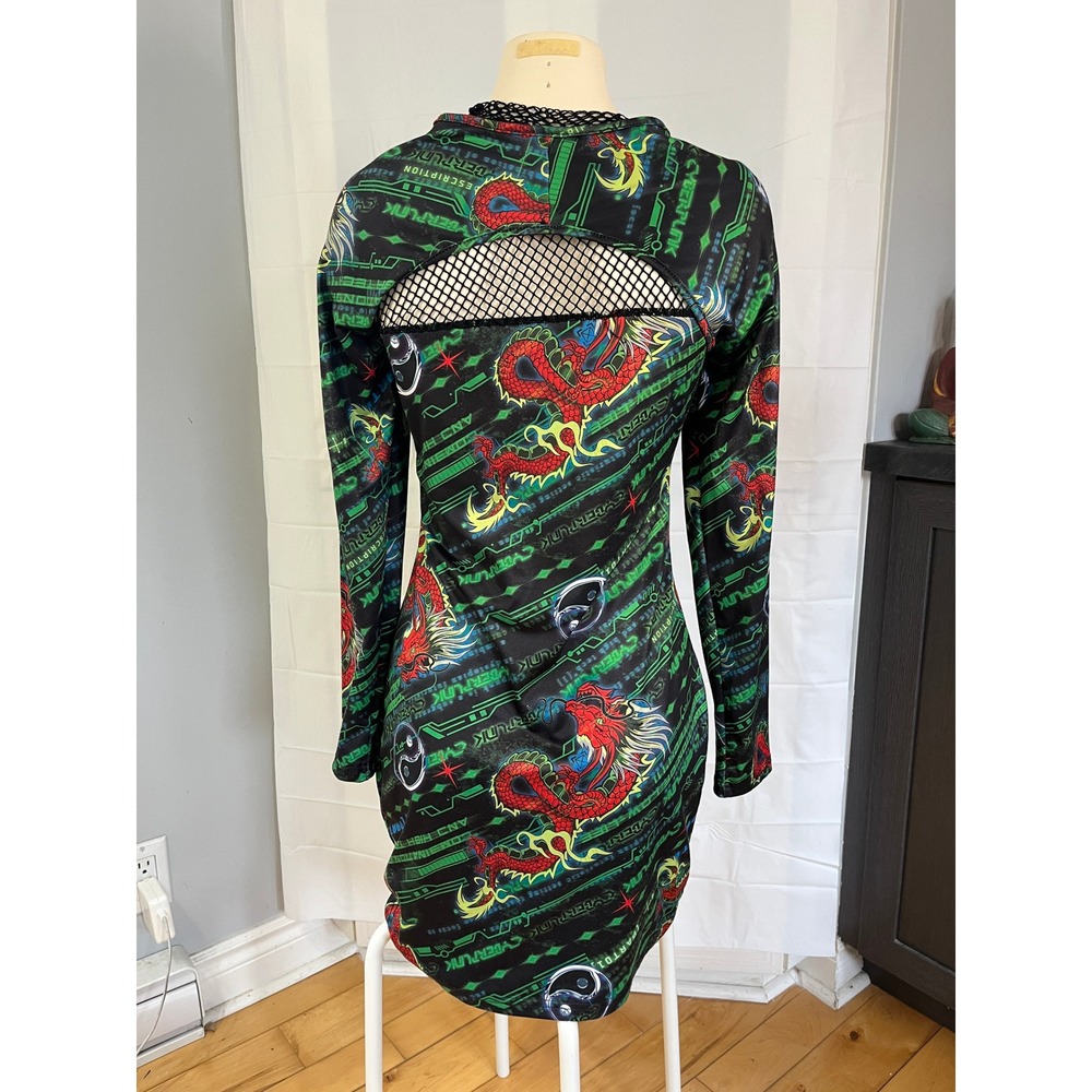 Cyberpunk Dragon Print Fishnet Buckle Mini Dress Black Green Large - Picture 3 of 7